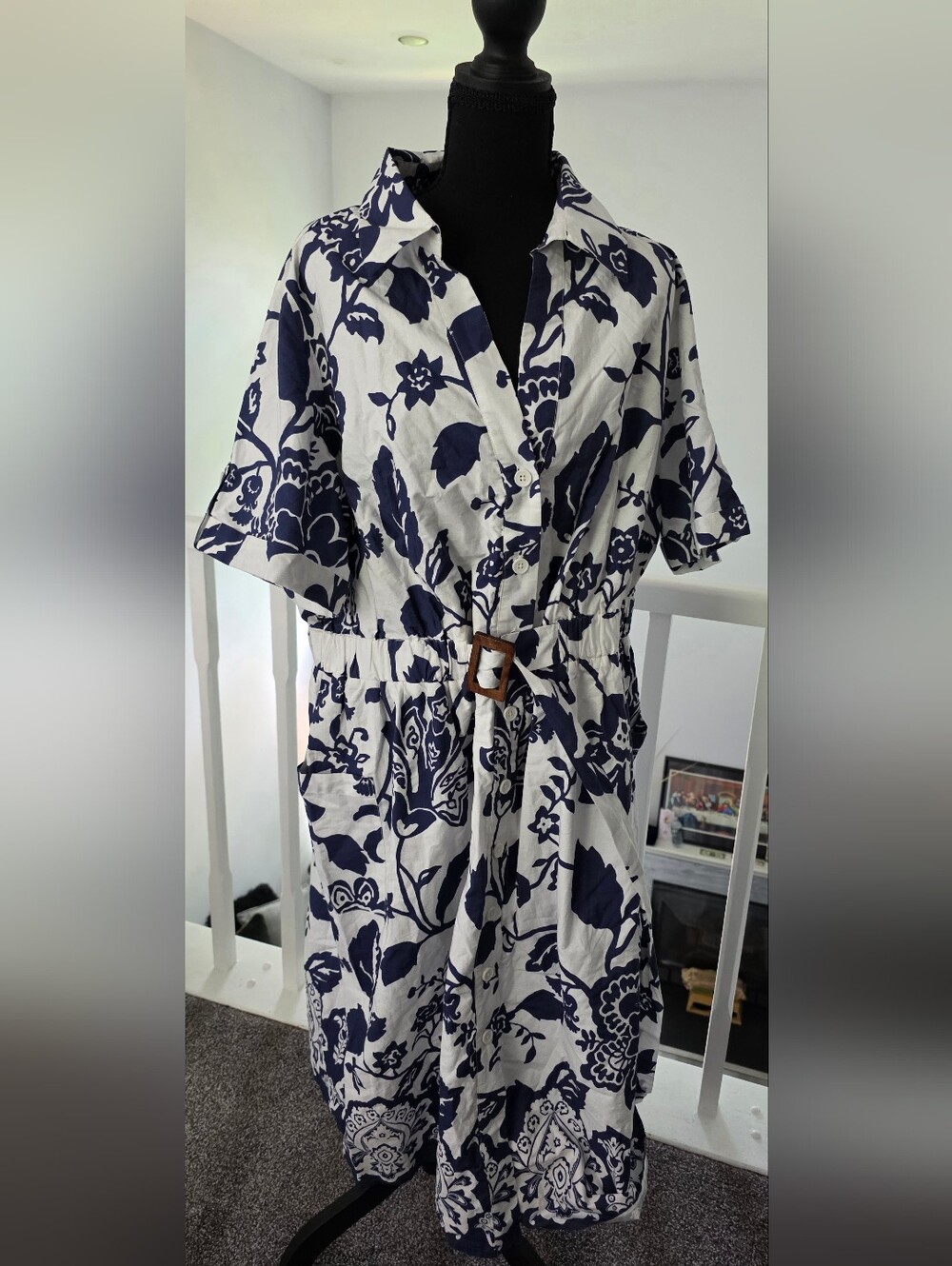 eshakti Navy and White Floral Midi Dress with Buckle Waist